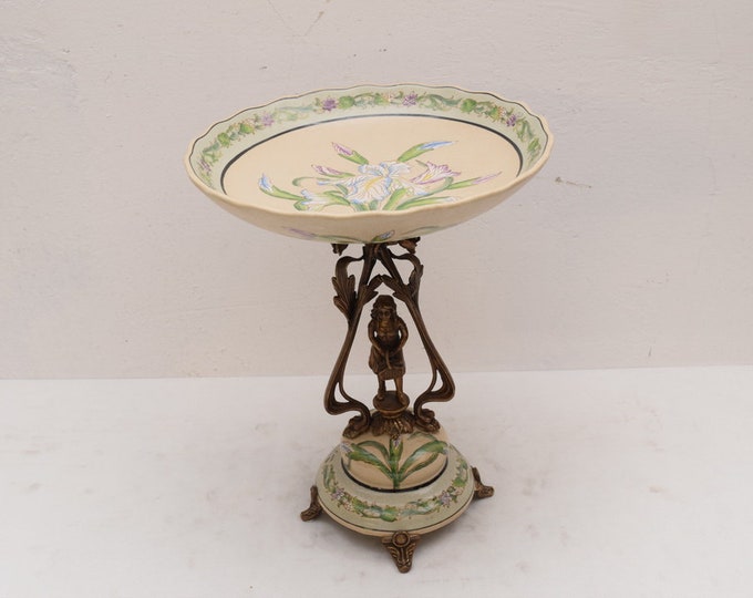 Porcelain with Bronze Young Girl Plateau Basket Ornaments Art Nouveau  Vintage Gift -