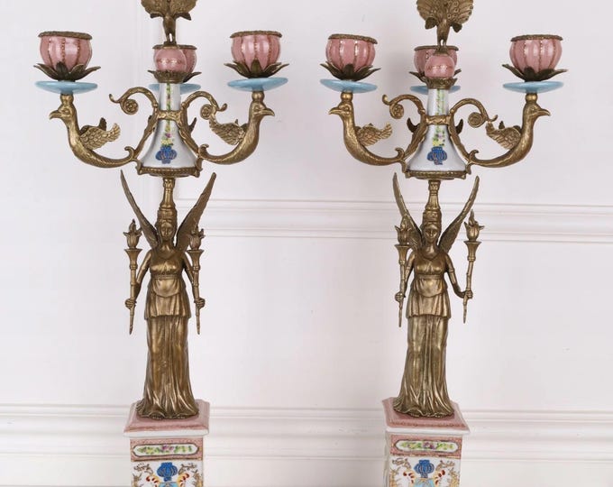 Porcelain Candelabrum with Bronze Ornaments - - Bronze Nymph - Candlestick Bronze - Vintage Gift - Home and Office Decor