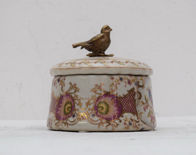 Porcelain casket - flower design - bird bronze ornaments - vintage porcelain -