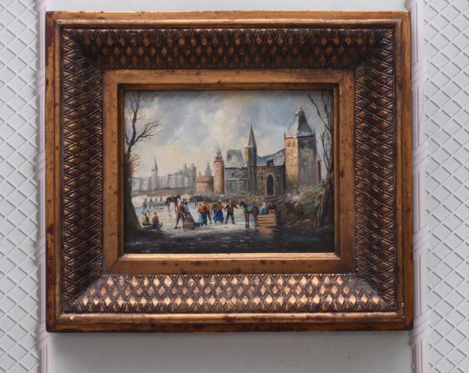 Vintage French Winter Landscape – Ice Skating Scene – Oil Painting – Elegant Wall Art – Unique Home Decor – Collector’s Artwork