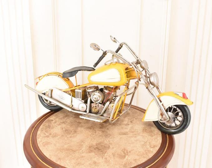 Huge Vintage Yellow Metal Motorcycle Model – Large Collectible Motorbike Sculpture