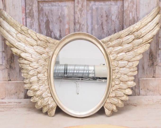 Mirror Owal Angels Wings - Silver Resin Art Deco Style - Wall Decor - Gift for Wedding - Angel Mirror - Elegant Mirror - Home Decor