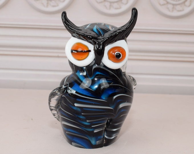 Blue and Black Murano Owl Statue - Murano Style Sculpture - Amazing Figurine from Venetian - Gift Idea for Birthday, Wedding, Housewarming