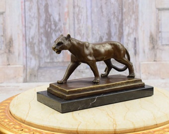 Incroyable sculpture en bronze de panthère marchant - figurine de tigre vintage sur base de marbre - décoration de maison et de bureau - idée cadeau parfaite