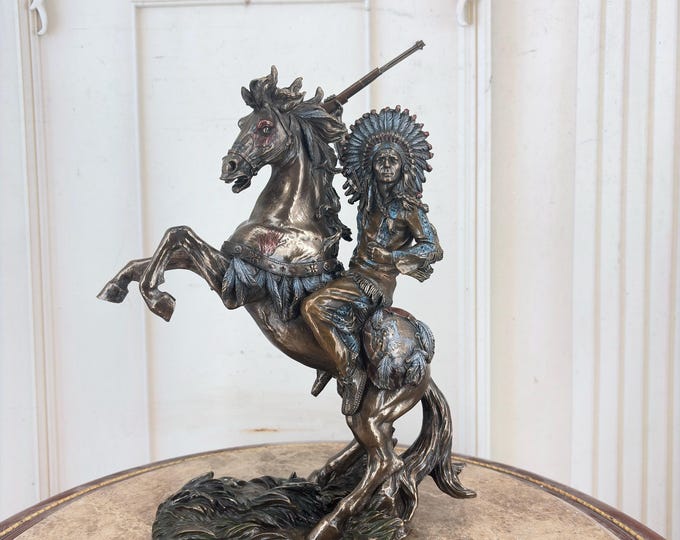 Native American Warrior on Horse Statue - Bronze Coated Indian Rider Figure - Western Decor Sculpture