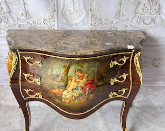 French Commode Louis XVI Chest of Drawers: Hand-Painted Aristocracy Scenes, Marble Top