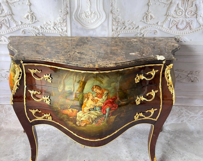 French Commode Louis XVI Chest of Drawers: Hand-Painted Aristocracy Scenes, Marble Top