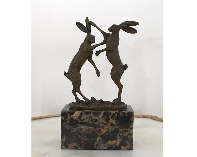 Two Boxing Hares - Hares Bronze Sculpture on Marble Base - Rabbits Bronze Statue - Richly Decorated - Gift Idea - Home Decor