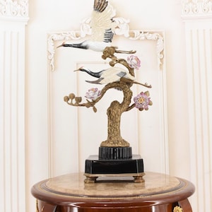 Vintage Porcelain Crane Sculpture: Colorful Birds with Bronze Base