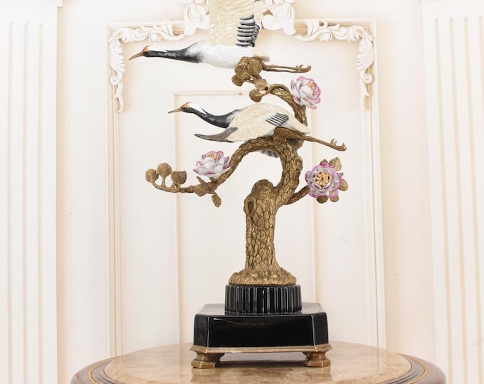 XXL Pair of Flying Cranes – Colorful Porcelain Birds with Bronze Base – Vintage Elegant Decorative Sculpture - Home Decor - Gift Idea