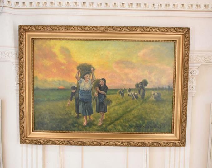 Antique Painting – Polish Harvest Scene with Reapers – Chelmonski Wall Art