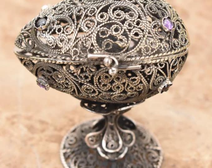 Tsarist Silver 84 Opening Egg with Mini Torah | Judaica Collectible | Luxury Jewish Gift on Stand