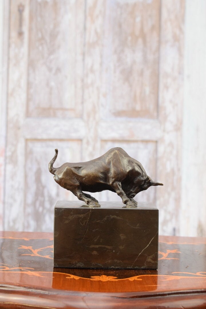 Bronze Electroplated Resin Bull & Bear Sculpture Statue 25cm W X