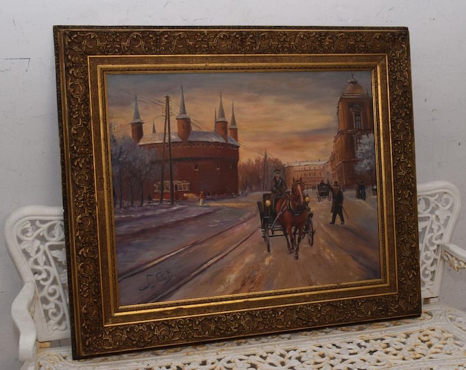 Antique Oil - Very Large Old Painting on Canvas - Old City Cracow - Barbakan Art - Wall Decor - Horse Art - Home Decor- Gift Idea