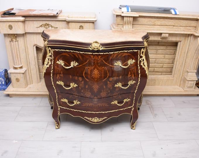 French Louis XVI Commode — Marquetry Inlay Chest of Drawers — Brass Mounts — Elegant Antique Furniture
