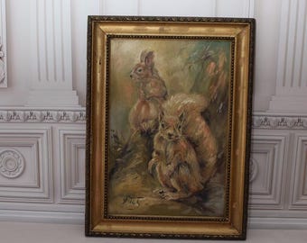 Two Squirrels Painting - Old Painting on Canvas - Wall Decor - Wall Art - Falat Polish Art - Squirrel Scenery - Home Decor Gift for Birthday