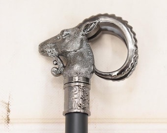 Brass Walking Stick - Head Goat - Gift for Grandfather Father - Aluminium Cane