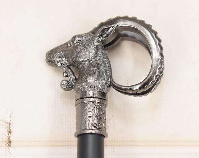 Brass Walking Stick - Head Goat - Gift for Grandfather Father - Aluminium Cane