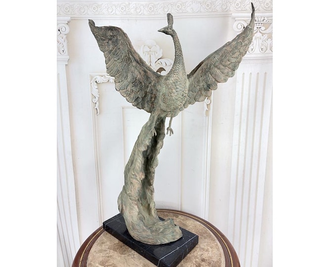 Large Bronze Peacock Statue – Green Patina, Spread Wings, Marble Base Home Decor