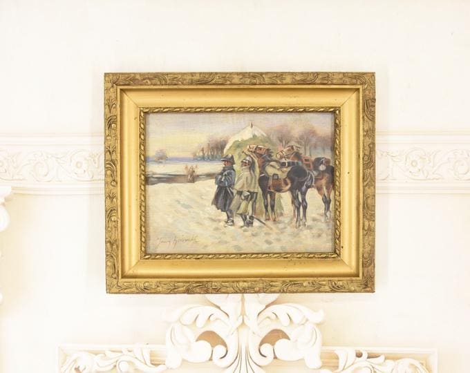 Antique Polish Oil Painting – Returning Soldiers from War