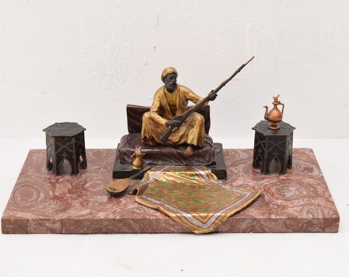 Signed Bronze Arab Sculpture – Inkwell Figurine on Marble Base