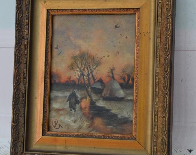 Antique Nocturne Painting – Oil on Wood – Golden Frame – Polish Art – Unique Wall Decor – Exclusive Gift – Vintage Home Accent