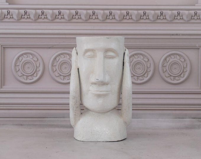 White Flower Vase - Funny Flower Pot - Cast Iron Face - Planter Face Moai - Vintage Home and Garden Decor - Gift Idea