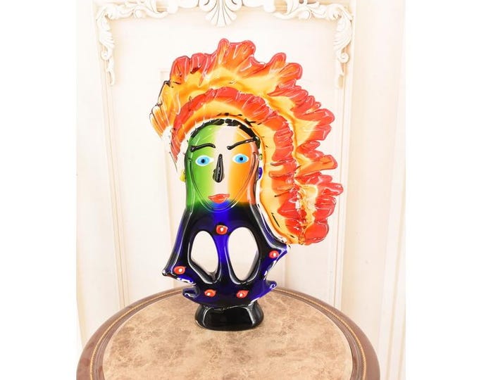 Murano Style Glass Sculpture – Native American Face, Italian Vintage Art