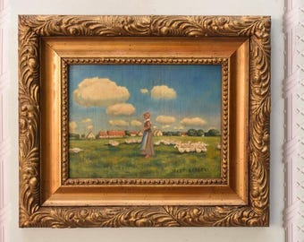 Goose Girl in Meadow – 90 Years Old Vintage Art – Pastoral Countryside Scene – Rustic Wall Decor