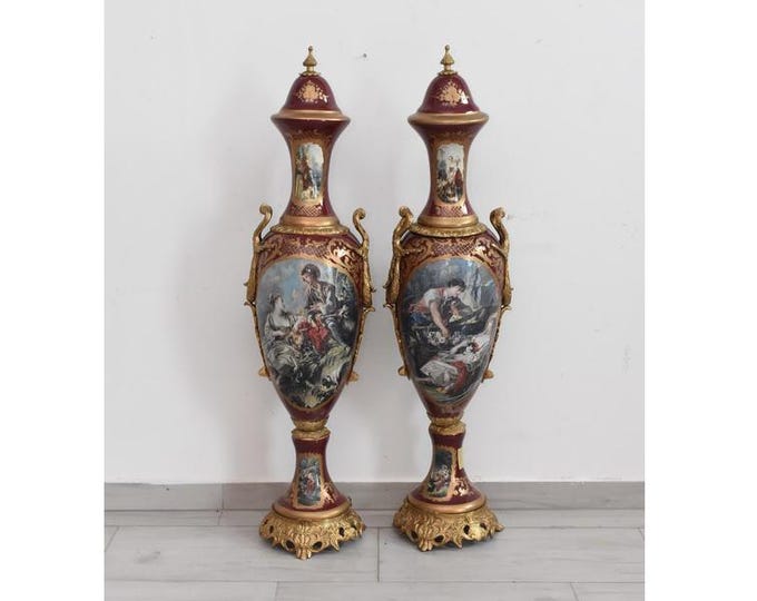 Big Set of Two French Porcelain Vases — Red & Gilded Porcelain with Bronze Details — Aristocratic Design, Luxury Home Décor