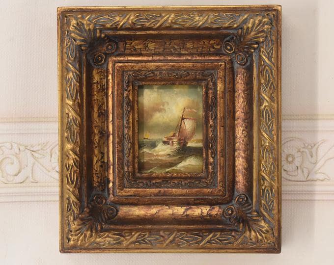 Vintage Boat Painting: Handmade Nautical Seascape with Gold Frame