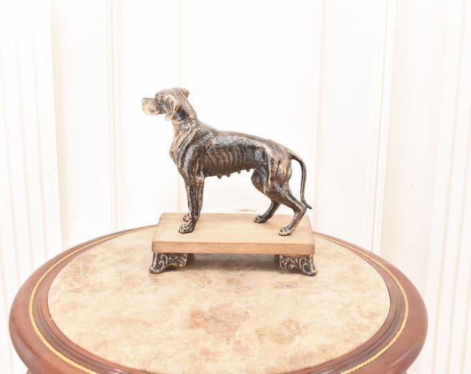 Vintage Cast Iron Dane Sculpture – Elegant Dog Figurine on Wooden Base