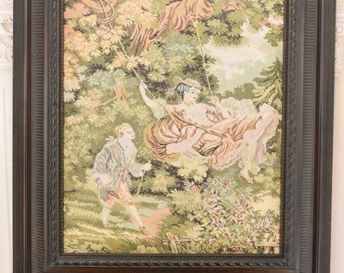 Vintage French Tapestry Painting – Aristocratic Lovers Wall Art – Wooden Frame – Romantic French Decor