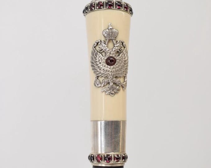 Antique Silver Walking Stick With Russian Eagles – Tsarist Russia Silver Cane – Red Stone Details – Unique Gift For Grandfather