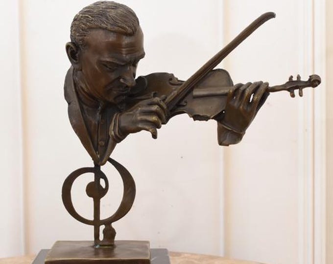 Violinist Bust — Bronze on Marble, signed “Milo” | Musician Sculpture Art - Home Decor
