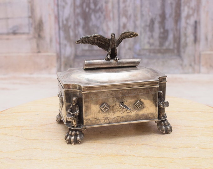 Antique Silver Sugar Bowl - Jewish Casket - Judaica - Russian Silver - Home Decor - Handmade Silver - Eagle and Jews Silver - Gift Idea