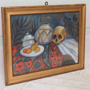 Cuadro único Memento Mori - Estilo Paul Cezanne - Cráneo antiguo pastel sobre cartón - Cuadro vintage hecho a mano Horrible - Idea de regalo - Decoración de pared