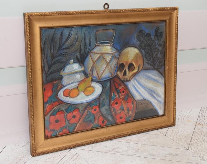 Unique Painting Memento Mori - Paul Cezanne Style - Skull Old Pastel on Carton - Handmade Vintage Painting Horrible - Gift Idea - Wall Decor