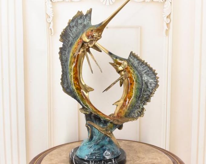 Two Large Fishes Marlins - Bronze Staute - Marlin Bronze Statue - Art Work Painted Sailfish - Gift for Fisherman - Fish Sculpture on Marble