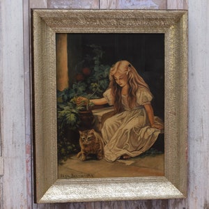 Tableau ancien Fille avec chat - Peinture sur toile avec cadre ancien - Tableau art déco de Boznanska, artiste polonais - Décoration murale - Décoration d'intérieur