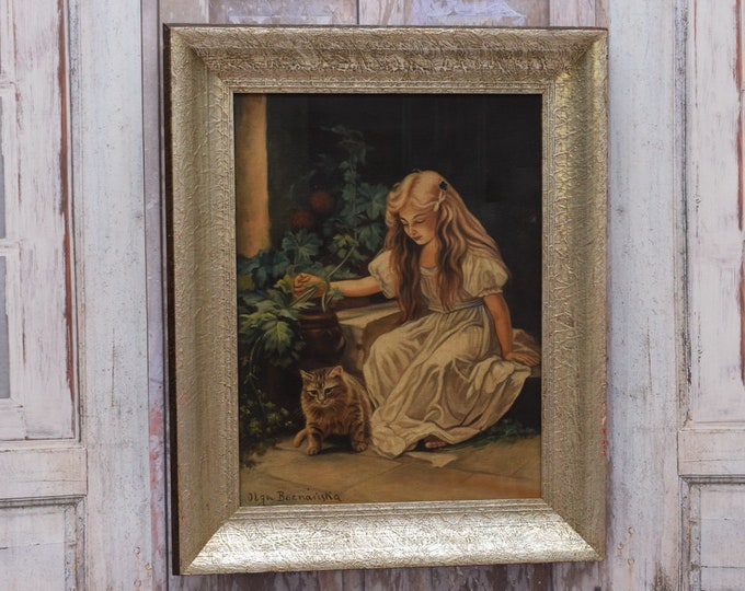 Antique Painting Girl with Cat - Painting on Canvas with Old Frame - Boznanska Art Deco Painting Polish Artist - Wall Decor - Home Decor