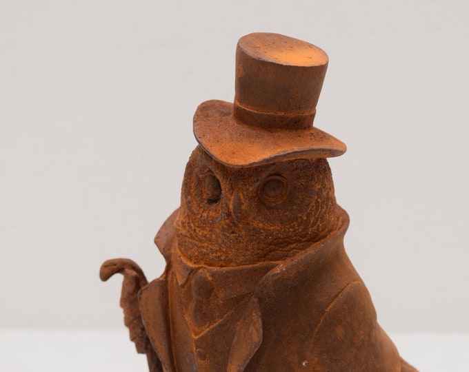 Cast Iron Dressed Owl Figure - Statue Elegant Owl with Cane - Vintage Sculpture - Home and Garden - Rustical Decor