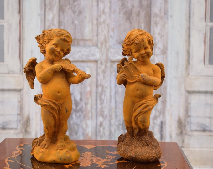 Cast Iron Two Playing Angels - Couple in Love - Couple of Angels - Love Symbol - Rustical Statues - Garden Figurines - Gift Idea