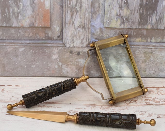 Magnifier and Letter Opener Set - Office Accessories Set of 2 Decorative Shiny Brass - Art Work Elegant Gift Idea - Home and Office Decor