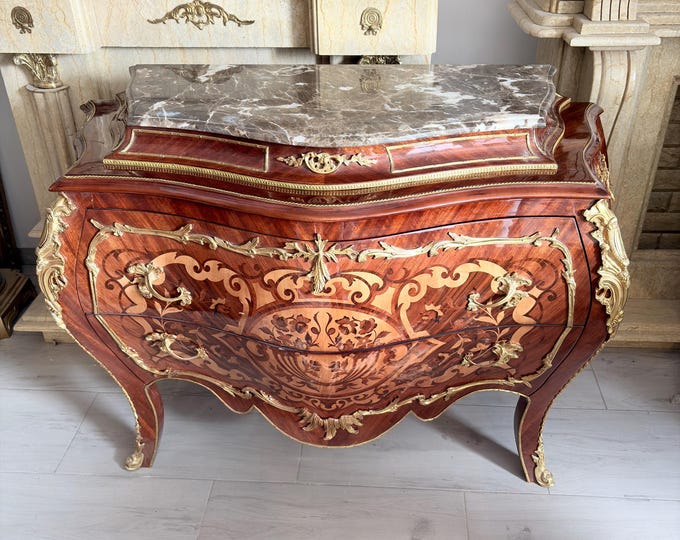 Antique French Baroque Commode: Beech Wood, Marble Top, Bronze Ornaments