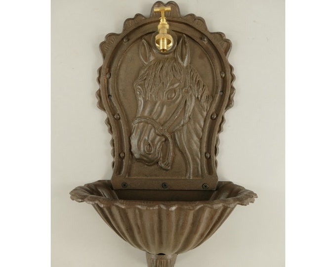 Rustical Cast Iron Wall Fountain with Brass Faucet Tap, Horse Head Fountain Metal Wall Sink, Patio &  Wall Ornament Outdoor