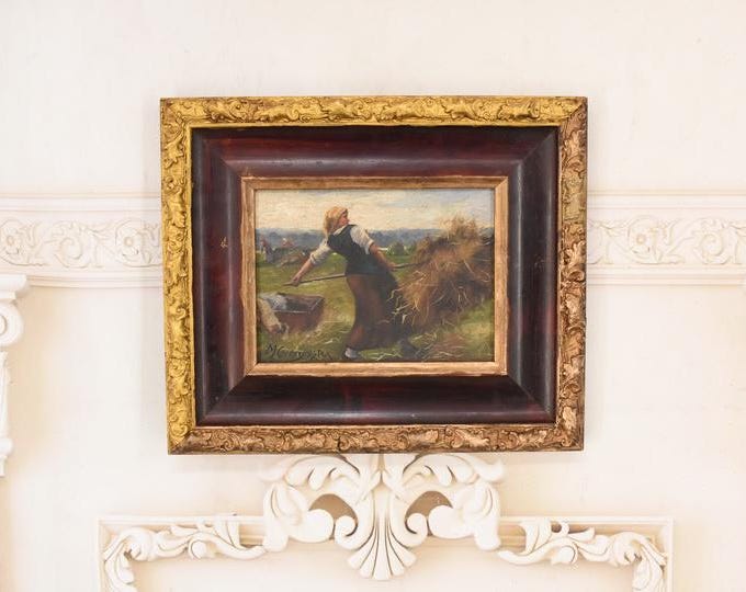 Antique Oil Painting Wood – Woman Harvester Rustic Wall Art Polish Scene