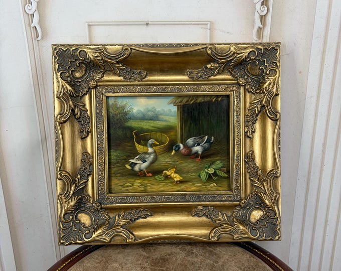 French Art: Vintage Oil Painting of Duck Family on Wood