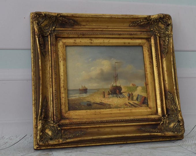 Vintage Painting Fishermen on Boat - Painting with Gold Frame - Sea Lovers Art - Painting HandMade Wall Decor - Home Decor - Gift Idea