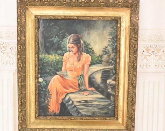 Antique Woman Reading Oil Painting – Art Nouveau Framed Wall Art – 100 Year Old Canvas